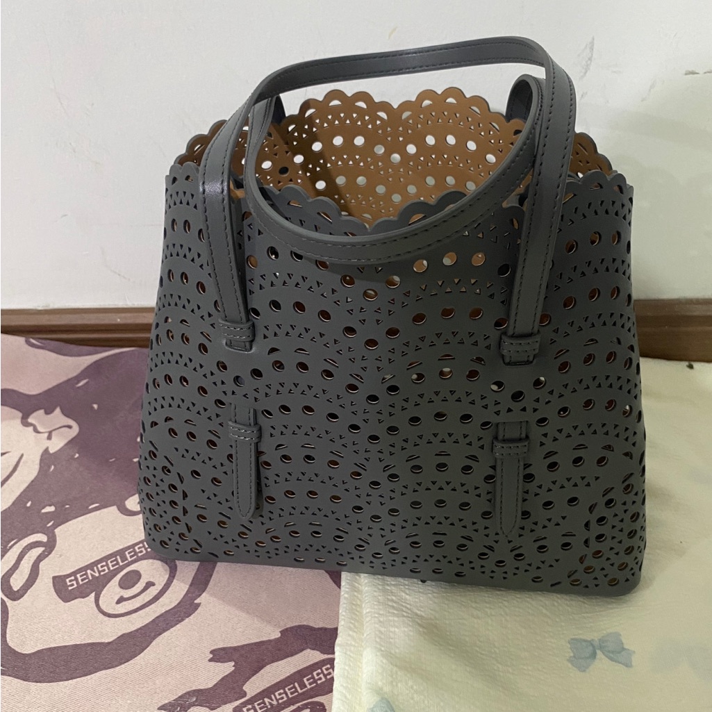 Alaa Gray Laser-Cut Tote With Tan Interior